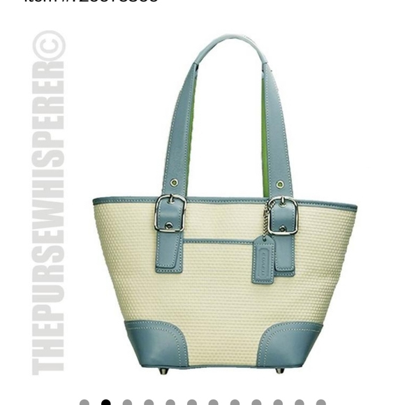 Coach Handbags - Coach Vtg Blue Green Straw Leather Tote Retired Rare